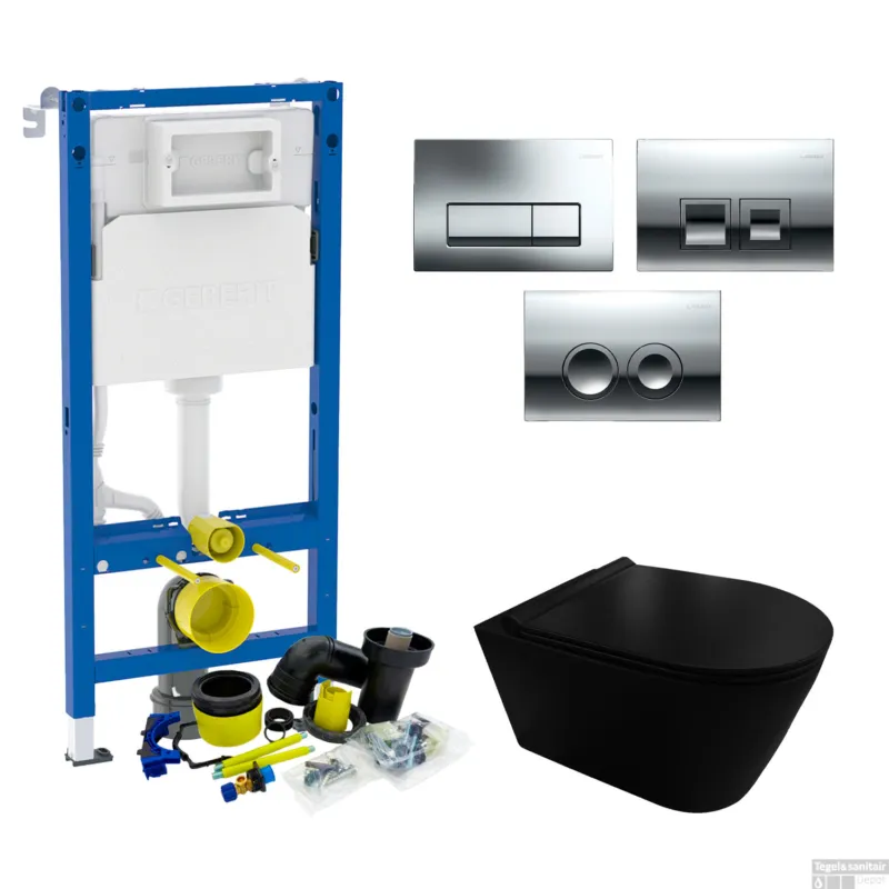 Must-Have Geberit UP100 Toiletset Compleet Inbouwreservoir Civita Black Randloos Mat Zwart Set44 met drukplaat