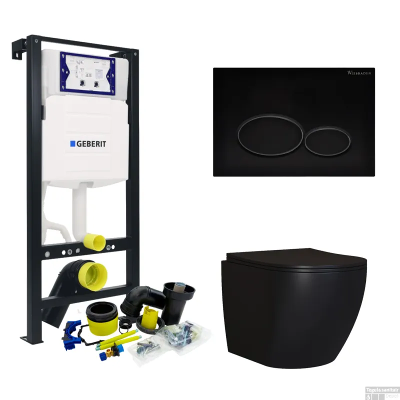 Toiletset Plieger Frame By Geberit met Mudo randloos Toilet Mat Zwart en Softclose Zitting Laatste Kans