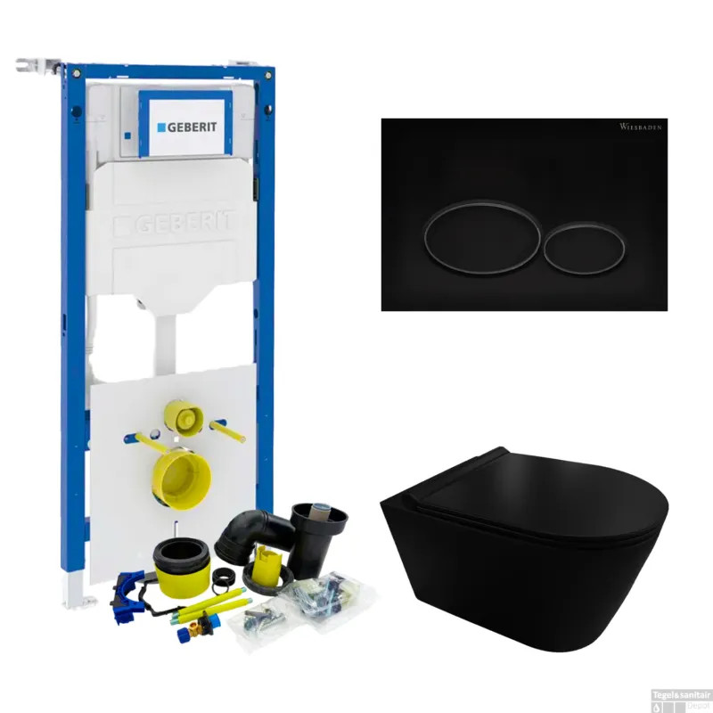 Geberit UP320 Toiletset Compleet Inbouwreservoir Civita Black Randloos Mat Zwart Set 44 met drukplaat Lage Prijs