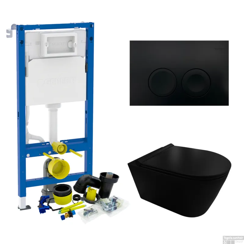 Laatste Versie Geberit UP100 Toiletset Compleet Inbouwreservoir Rimless Civita Mat Zwart met drukplaat