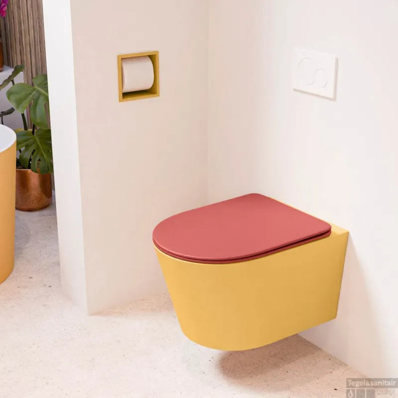 Koopje MONDIAZ LAVIE hangend toilet single fire rimless diepspoel Ocher, Toiletzitting met quick-release & softclose Fire