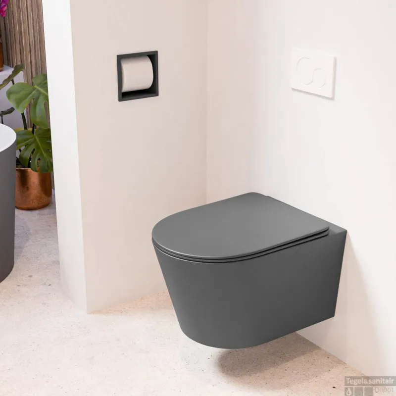 Koop Online MONDIAZ LAVIE hangend toilet single fire rimless diepspoel Dark Grey, Toiletzitting met quick-release & softclose Dark Grey
