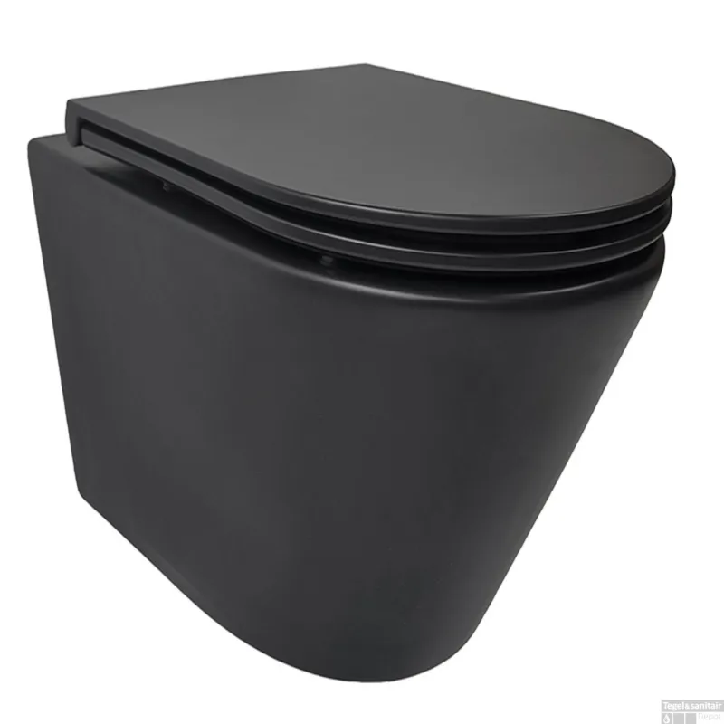 Gecertificeerd Rimless Wandcloset Wiesbaden Tornado Flush Mat Zwart Met Flatline Toiletzitting Softclose En Quick Release Mat Zwart