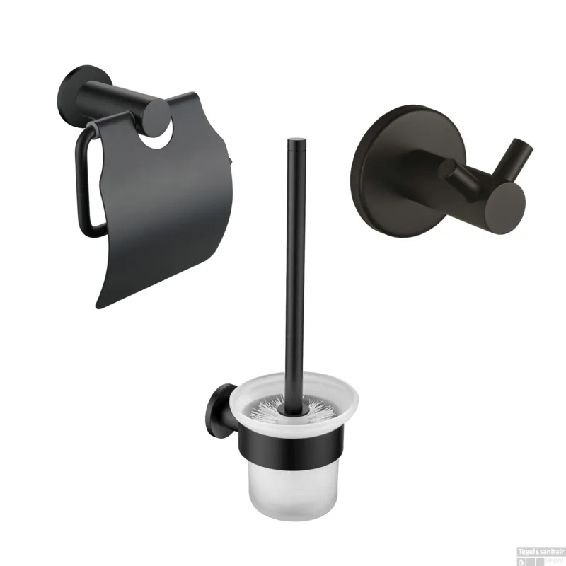Favoriet Accessoires Set BWS Colorato Met Borstel, Haak en Toiletrolhouder Mat Zwart