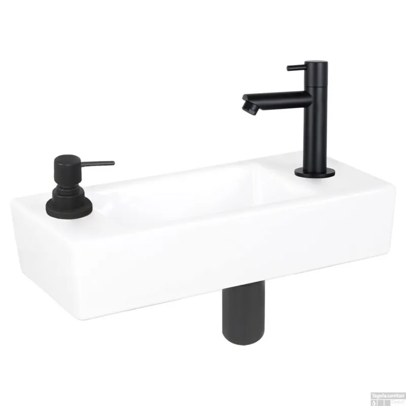Lage Kosten Fonteinset Differnz Sapon Rechts 42.5x18.5x9 cm Geintegreerde Zeepdispenser Keramiek Wit (inclusief mat zwarte kraan sifon en afvoer)