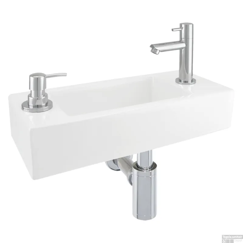 Koopje Fonteinset Differnz Sapon Rechts 44x18x9 cm Geintegreerde Zeepdispenser Keramiek Wit (inclusief verchroomde kraan sifon en afvoer)