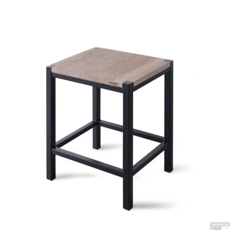 Badkamer Kruk LoooX Wooden Stool met Frame 35x30x45 cm Massief Eiken Old Grey Mat Zwart Nieuw