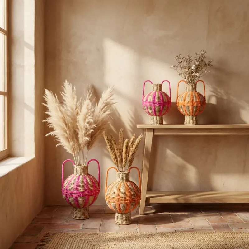 Goedkoop Rotan Kruik met Handvatten – Oranje & Roze