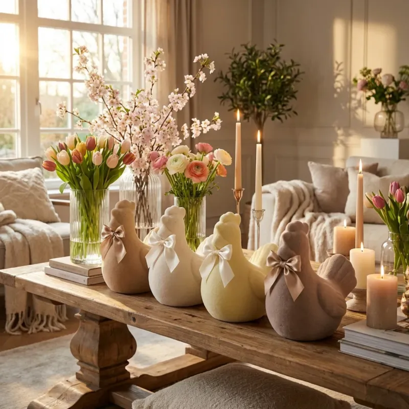 Paaskip Decoratie XL 42 cm – Flock Paasbeeld met Strik | Luxe Paasdecoratie Veilige Betaling