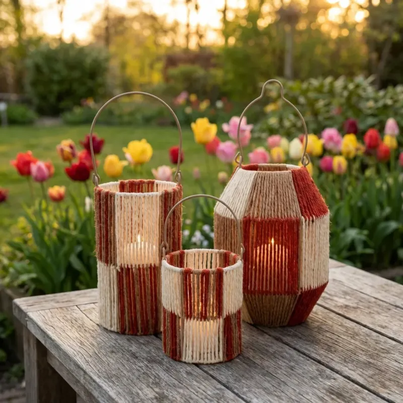 Gevlochten Windlicht Naturel Bruin Rood – Lantaarn met Handvat Hoge Kwaliteit
