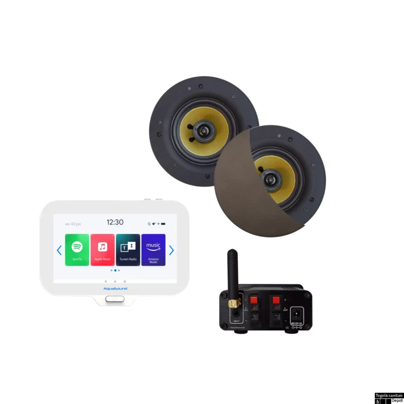 Connect Badkamerradio Aquasound N-Joy Controller (Ipx7) + Wand Lader + Rumba Speakerset Bluetooth / 30 Watt / 230V/12V Inox/Rvs Look Shop Nu