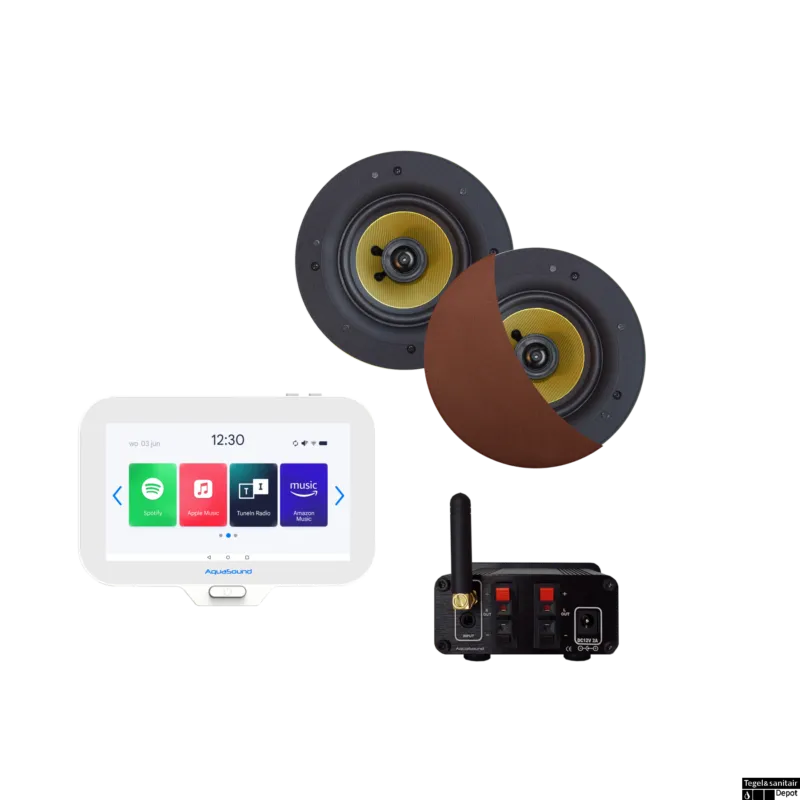 Lage Kosten Connect Badkamerradio Aquasound N-Joy Controller (Ipx7) + Wand Lader + Rumba Speakerset Bluetooth / 30 Watt / 230V/12V Brushed Koper