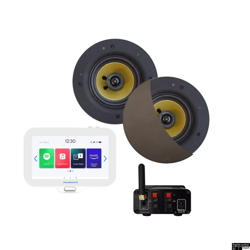 Seizoensaanbieding Connect Badkamerradio Aquasound N-Joy Controller (Ipx7) + Wand Lader + Samba Speakerset Bluetooth / 50 Watt / 230V/12V Inox/Rvs Look
