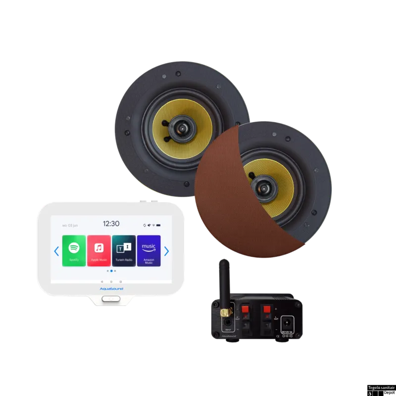 Gereduceerde Prijs Connect Badkamerradio Aquasound N-Joy Controller (Ipx7) + Wand Lader + Samba Speakerset Bluetooth / 50 Watt / 230V/12V Brushed Koper