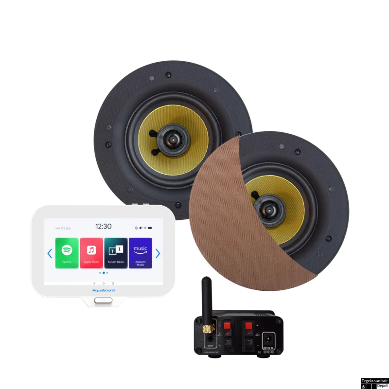 Weekendaanbieding Connect Badkamerradio Aquasound N-Joy Controller (Ipx7) + Wand Lader + Zumba Speakerset Bluetooth / 70 Watt / 230V/18V Brushed Red Gold