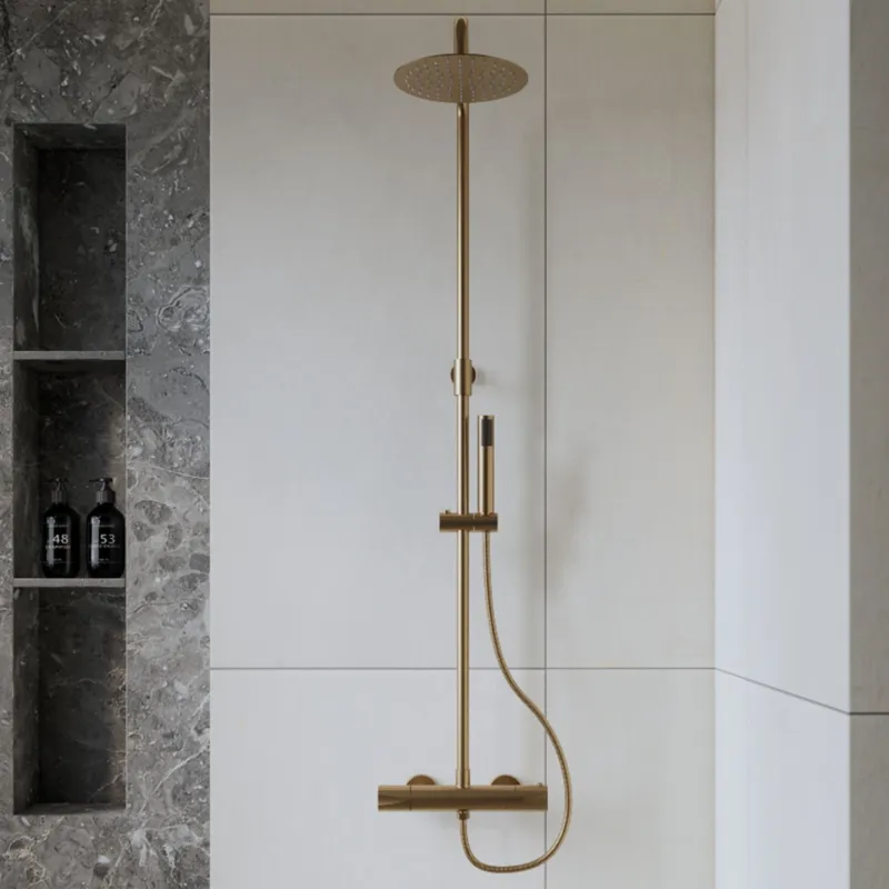 Actieprijs Opbouw Regendouche Set Aqua Splash Colorato Thermostatisch Hoofddouche 20 cm Rond Geborsteld Goud