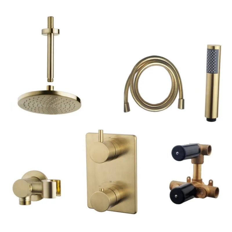 Thermostatisch Inbouwdoucheset Aqua Splash Plafonduitloop Rond 20 cm Geborsteld Messing Goud Korting