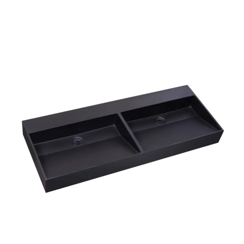 Wastafel Sanilux Quartz Trend 140x47x12 cm Dubbele Spoelbak Keramiek Mat Zwart (0 kraangaten) Lage Kosten