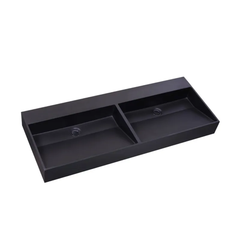 Hete Deal Wastafel Sanilux Quartz Trend 120x47x12 cm Dubbele Spoelbak Keramiek Mat Zwart (0 kraangaten)