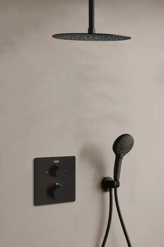 Gecertificeerd Grohe Grohtherm inbouw regendouche met 20cm hoofddouche, 2 standen handdouche en plafondarm zwart mat