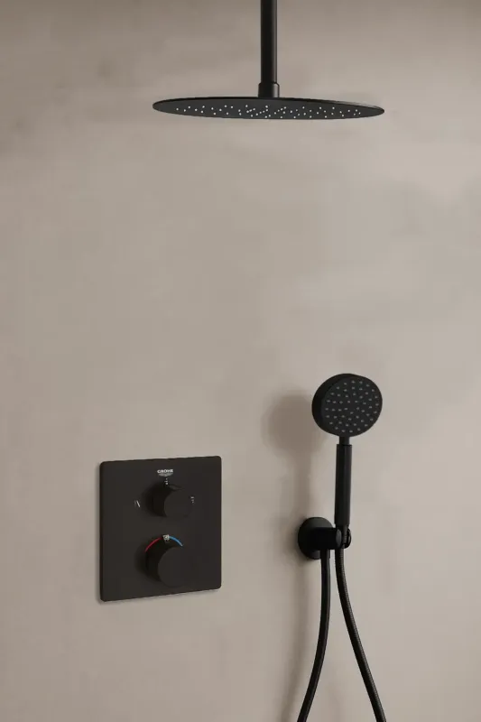 Veilige Betaling Grohe Grohtherm inbouw regendouche met 30cm hoofddouche, ronde handdouche en plafondarm zwart mat