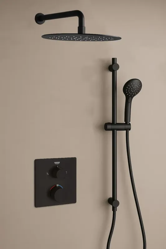 Tijdelijk Beschikbaar Grohe Grohtherm inbouw regendouche met 30cm hoofddouche, glijstang, 2 standen handdouche en muurarm zwart mat