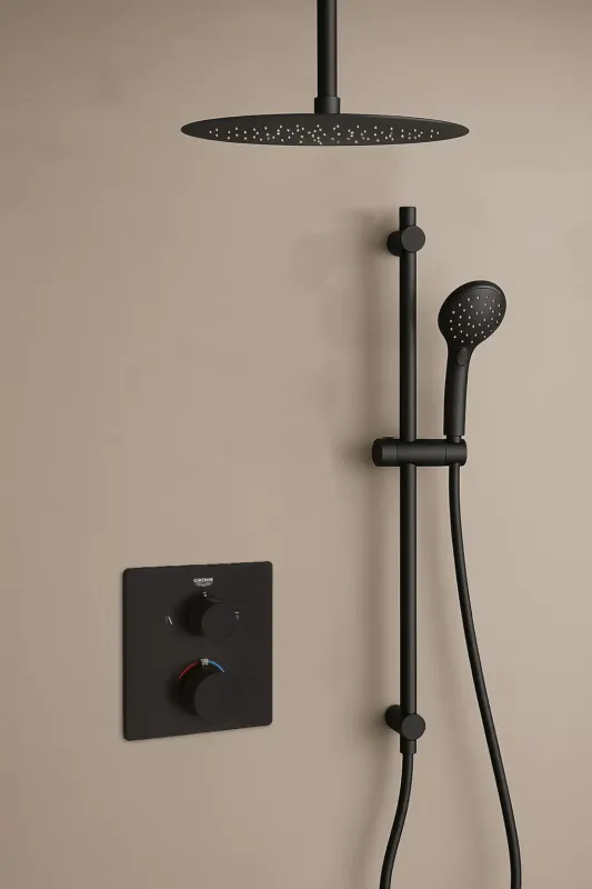 Grohe Grohtherm inbouw regendouche met 20cm hoofddouche, glijstang, 2 standen handdouche en plafondarm zwart mat Shop Nu