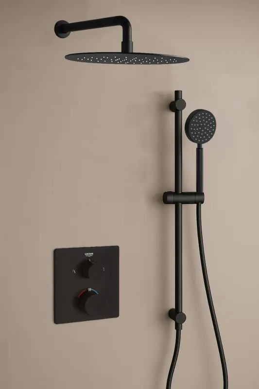 Grohe Grohtherm inbouw regendouche met 20cm hoofddouche, glijstang, ronde handdouche en muurarm zwart mat Must-Have