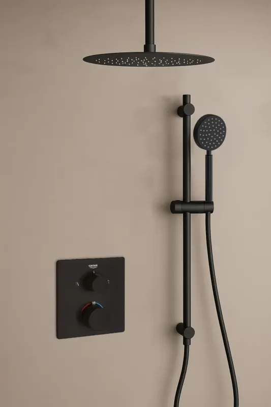 Grohe Grohtherm inbouw regendouche met 30cm hoofddouche, glijstang, ronde handdouche en plafondarm zwart mat Gereduceerde Prijs