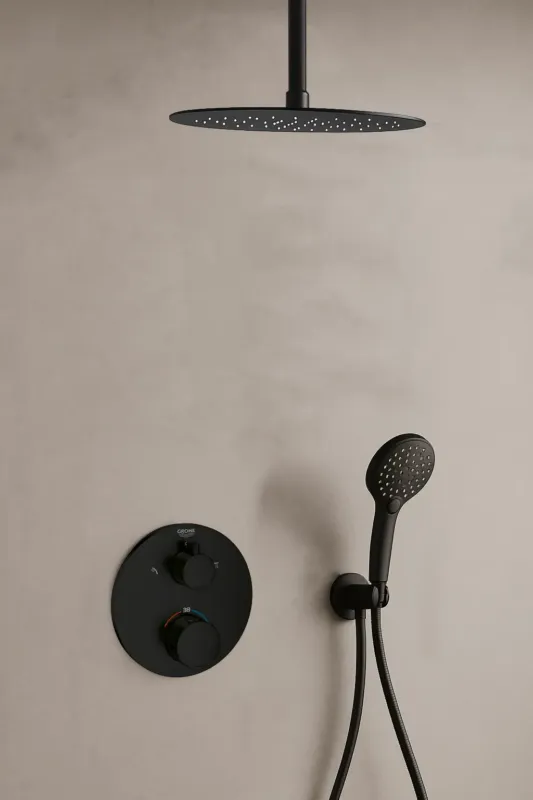 Grohe Grohtherm inbouw regendouche rond met 20cm hoofddouche, 2 standen handdouche en plafondarm zwart mat Gereduceerde Prijs
