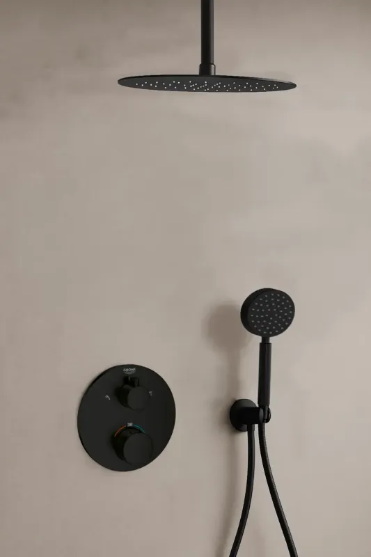 Rechtstreeks Van De Fabrikant Grohe Grohtherm inbouw regendouche rond met 20cm hoofddouche, ronde handdouche en plafondarm zwart mat