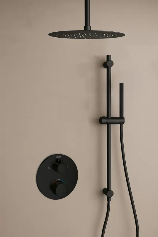 Aanbieding Grohe Grohtherm inbouw regendouche rond met 20cm hoofddouche, glijstang en plafondarm zwart mat