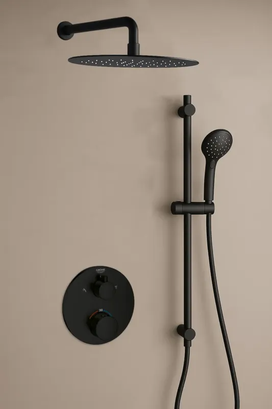 Exclusieve Aanbieding Grohe Grohtherm inbouw regendouche rond met 20cm hoofddouche, glijstang, 2 standen handdouche en muurarm zwart mat