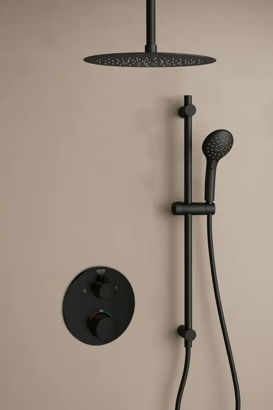 Grohe Grohtherm inbouw regendouche rond met 20cm hoofddouche, glijstang, 2 standen handdouche en plafondarm zwart mat Direct Verzonden