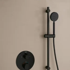 Gecertificeerd Grohe Grohtherm inbouw regendouche rond met 20cm hoofddouche, glijstang, ronde handdouche en muurarm zwart mat