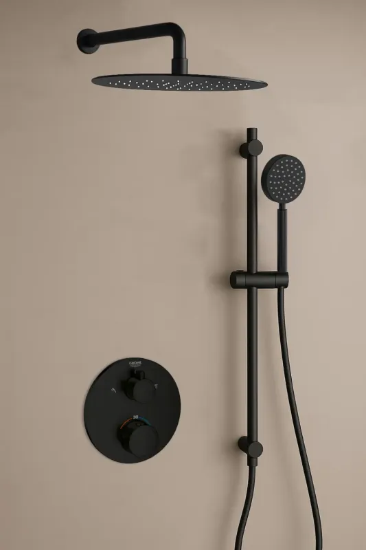 Gereduceerde Prijs Grohe Grohtherm inbouw regendouche rond met 30cm hoofddouche, glijstang, ronde handdouche en muurarm zwart mat