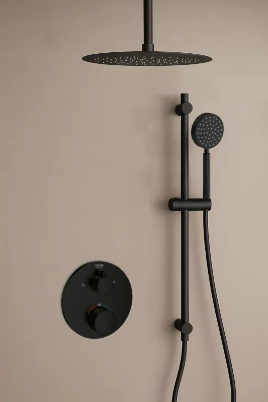 Goedkoop Grohe Grohtherm inbouw regendouche rond met 30cm hoofddouche, glijstang, ronde handdouche en plafondarm zwart mat