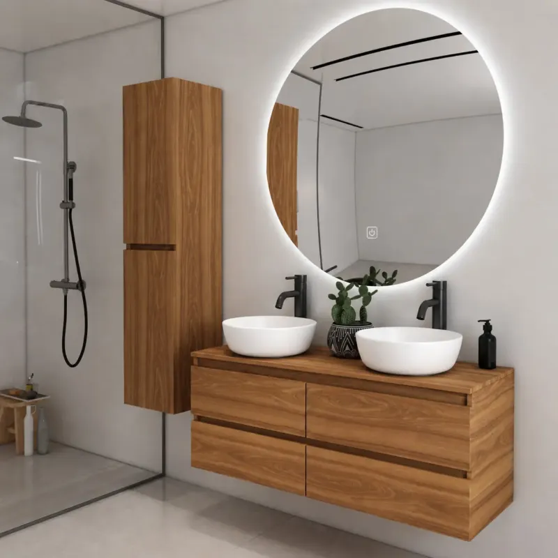 Fontana Proma badkamermeubel 120cm met mat witte waskommen en LED spiegel walnoot Snelle Levering