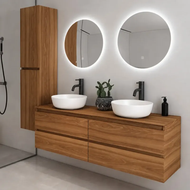 Voordeelprijs Fontana Proma badkamermeubel 160cm met mat witte waskommen en LED spiegels walnoot