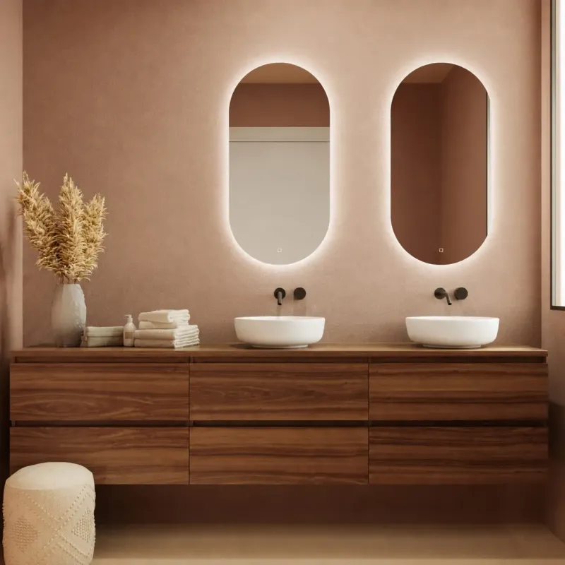 Fontana Proma badkamermeubel 240cm met mat witte waskommen en LED spiegels walnoot Laatste Kans