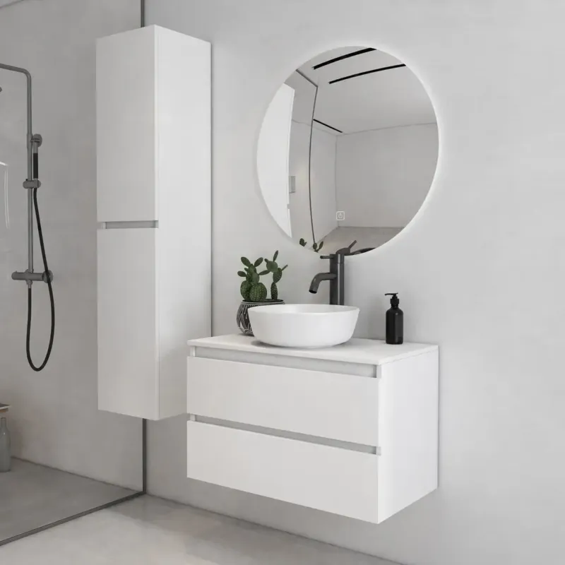 Betaalbaar Fontana Proma badkamermeubel 80cm met witte waskom en LED spiegel wit mat