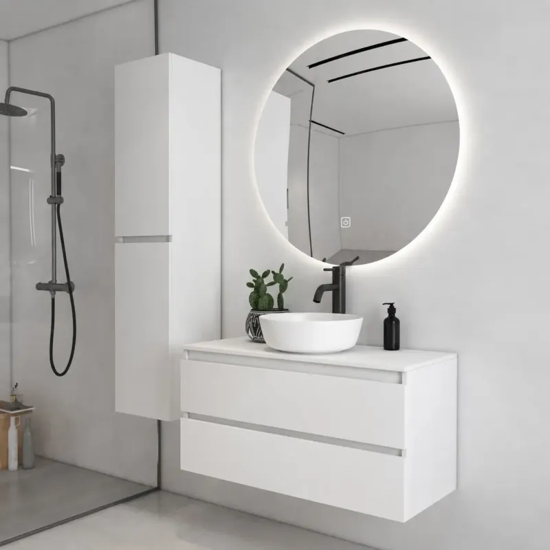 Fontana Proma badkamermeubel 100cm met witte waskom en LED spiegel wit mat Lage Prijs