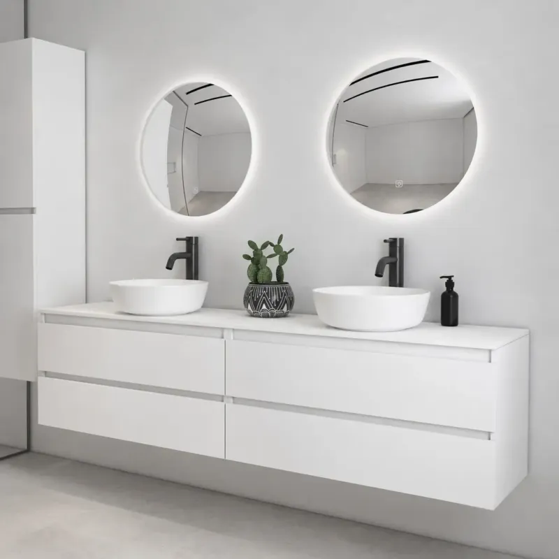 Exclusieve Aanbieding Fontana Proma badkamermeubel 200cm met mat witte waskommen en LED spiegels wit mat