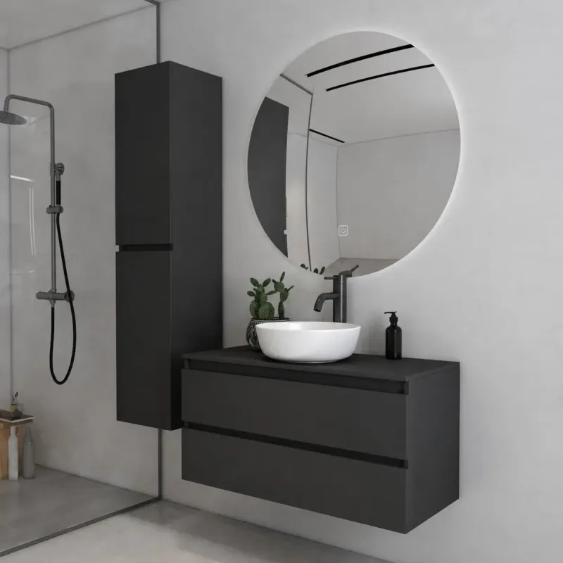 Beste Prijs Fontana Proma badkamermeubel 100cm met witte waskom en LED spiegel zwart mat