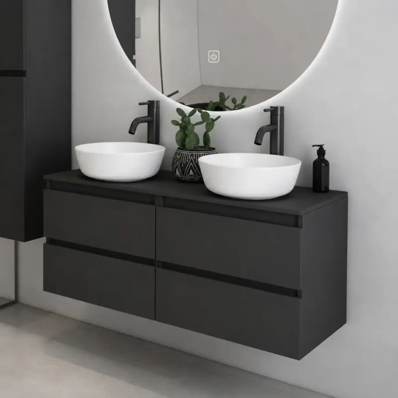 Finale Uitverkoop Fontana Proma badmeubel 120cm met mat witte waskommen zwart mat