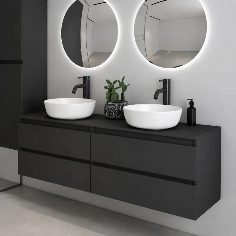 Fontana Proma badmeubel 160cm met mat witte waskommen zwart mat Gratis Retour