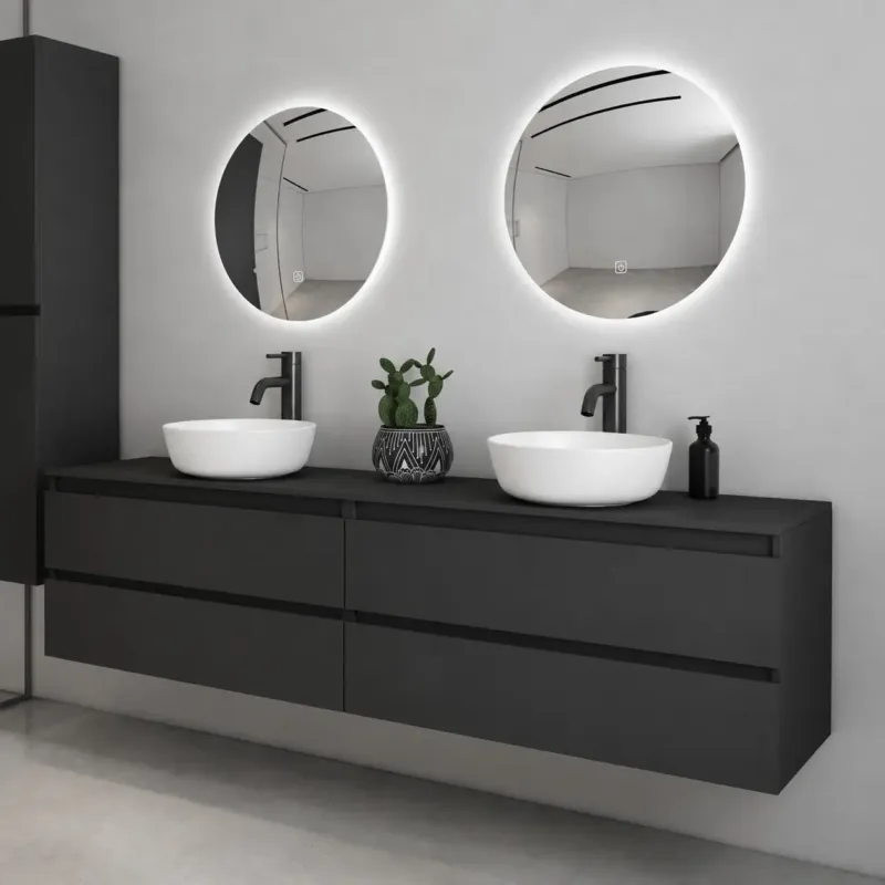 Fontana Proma badmeubel 200cm met mat witte waskommen zwart mat Merkproduct
