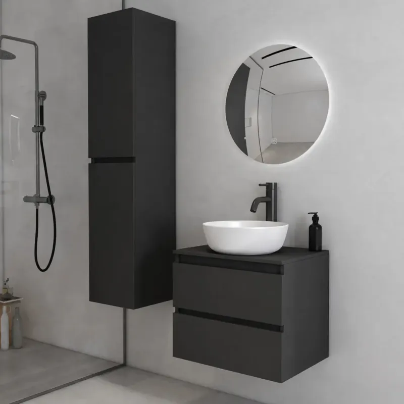 Koop Online Fontana Proma badkamermeubel 60cm met mat witte waskom en LED spiegel zwart mat