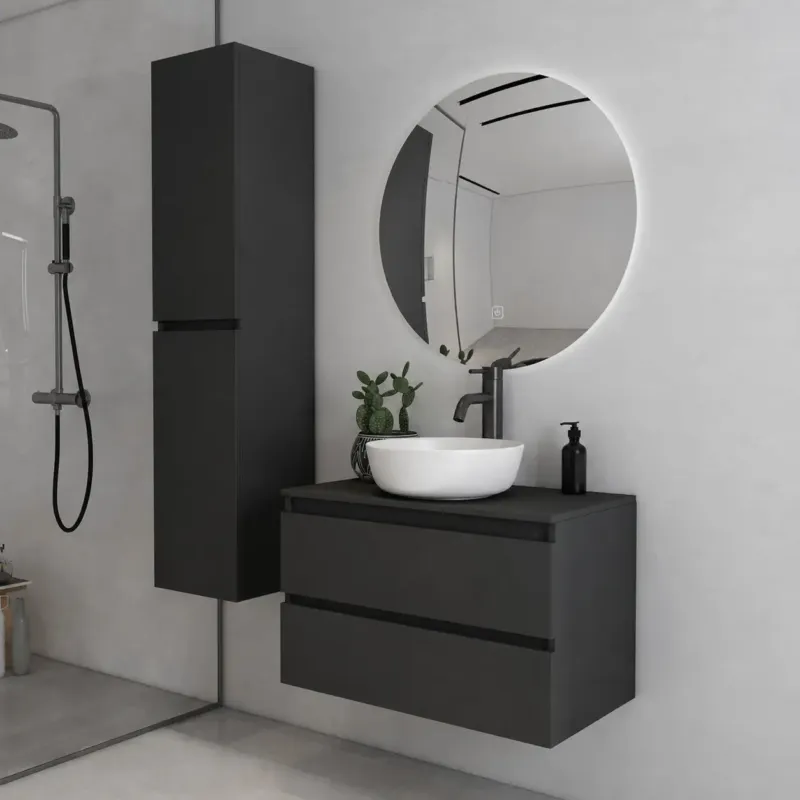 Exclusieve Aanbieding Fontana Proma badkamermeubel 80cm met mat witte waskom en LED spiegel zwart mat