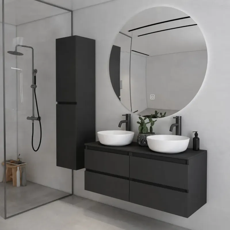 Nieuw Fontana Proma badkamermeubel 120cm met mat witte waskommen en LED spiegel zwart mat